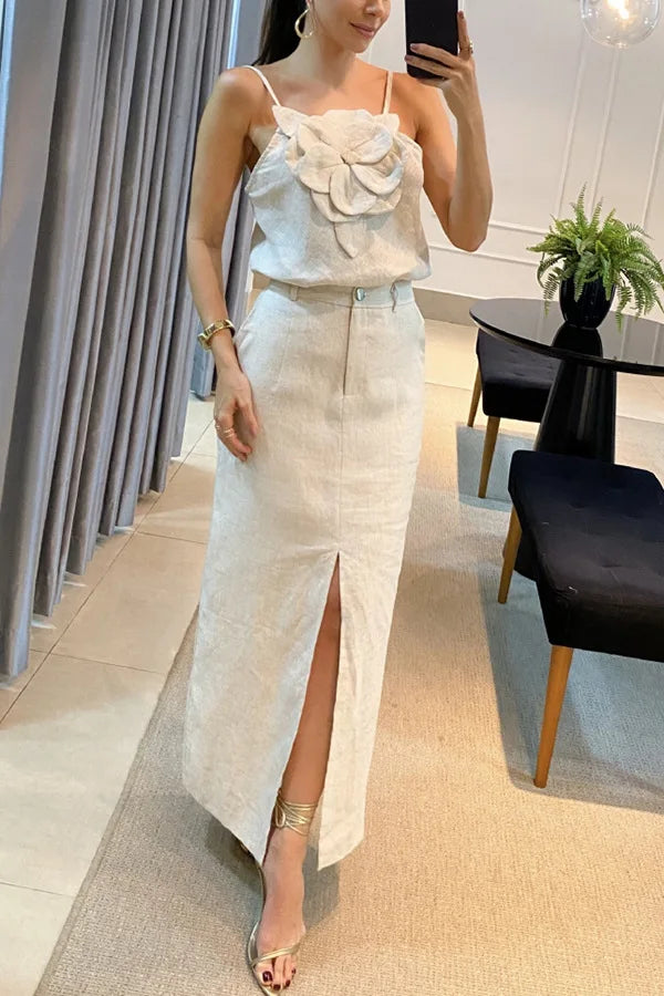 2024 Summer Fashion New 3D Flower Hanging Strap Top Pocket Half Skirt Temperament Cotton and Hemp Women's Two Piece Set