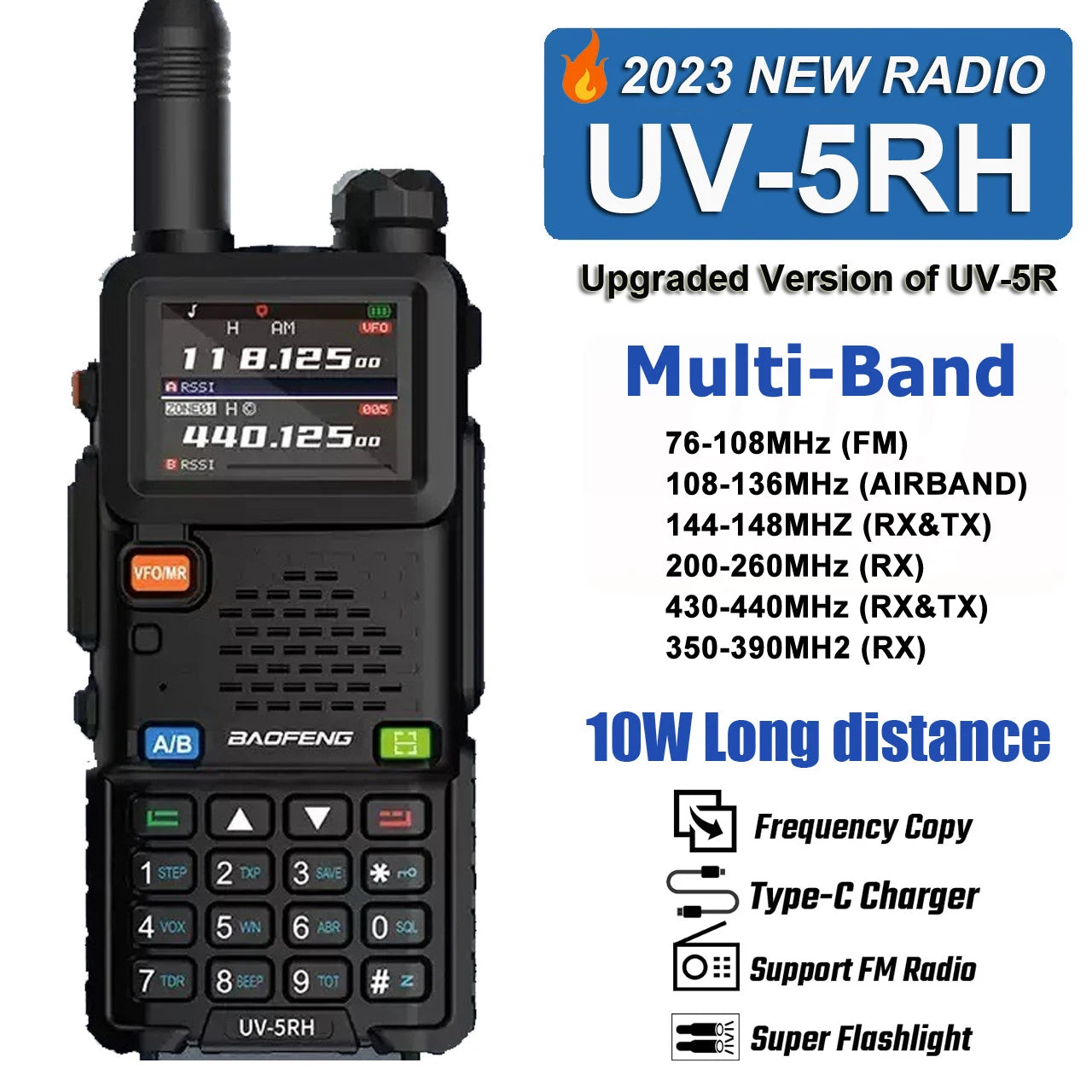 Baofeng UV-5RH 10W Multi-Band / Tri-Band 2500mAH VHF/UHF Long Range Walkie Talkie Two Way Radio