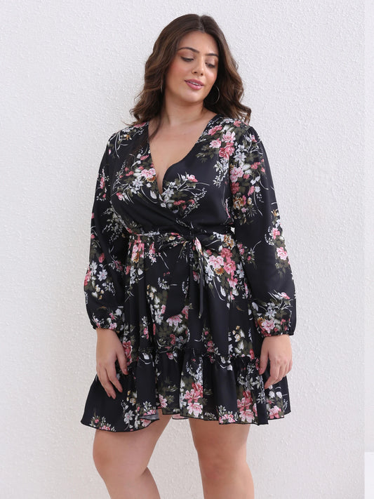 Plus Size Women Flower Print Chiffon Sexy V Neck  Out Long Sleeve Dress Female Elegant  Party Dresses Wholesale DropShipping