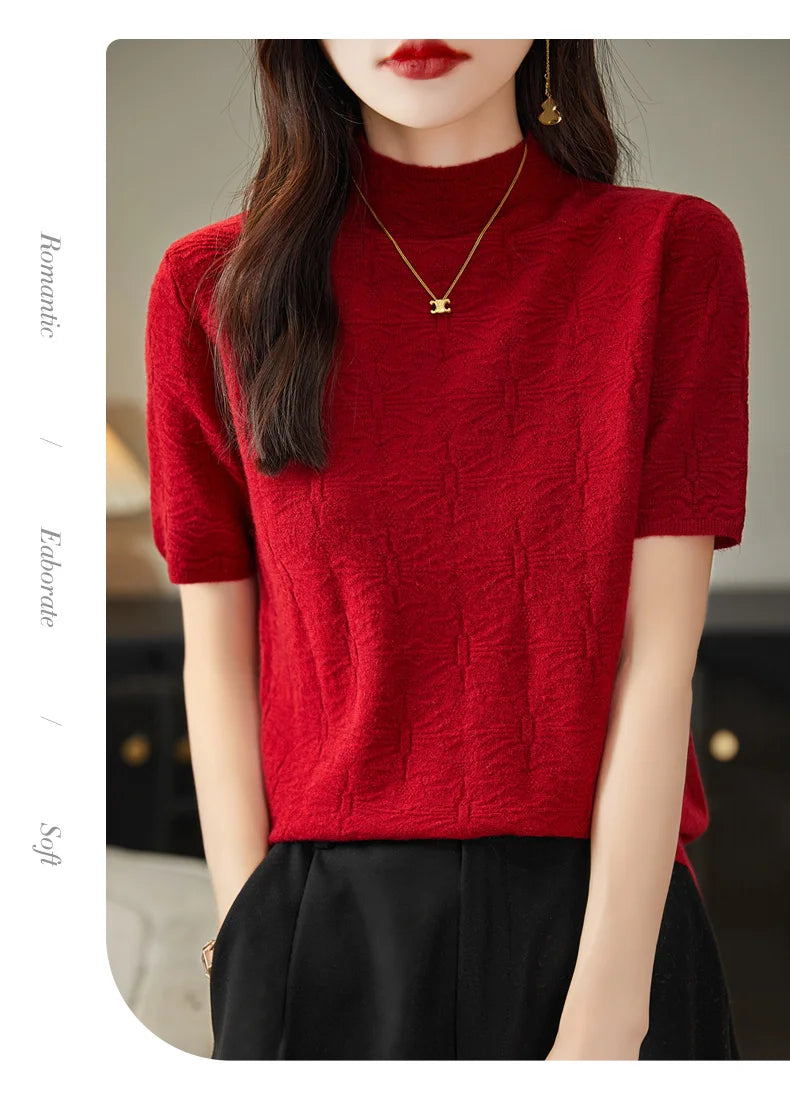 2024 Summer Women's Sweater Short Sleeve Pullover T-shirt Pure Wool Knitwear Half High Neck Loose Versatile Slim Fit Fashion Top