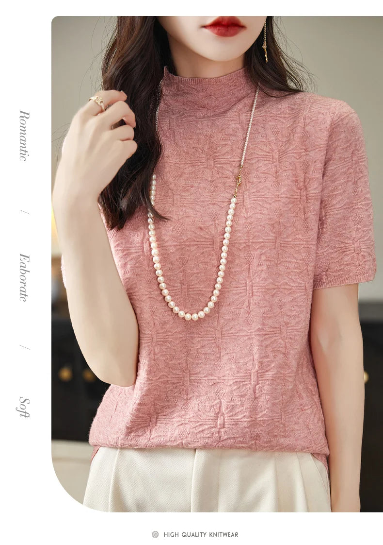 2024 Summer Women's Sweater Short Sleeve Pullover T-shirt Pure Wool Knitwear Half High Neck Loose Versatile Slim Fit Fashion Top