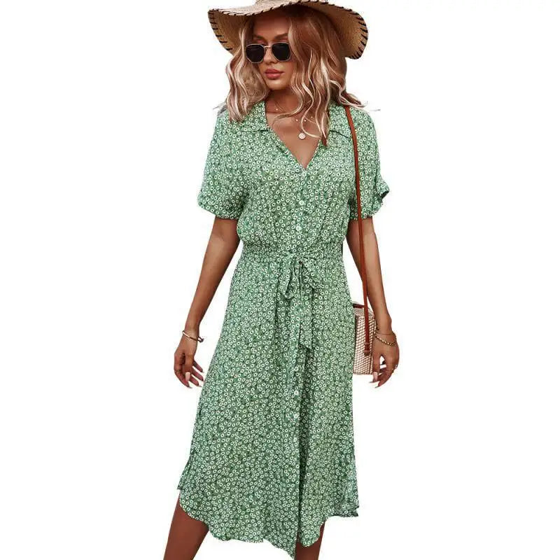 Summer Women Floral Print Dress Casual Short Sleeve Button Holiday Midi Dresses Female V-Neck Beach Boho Chic Dress Elegant Robe