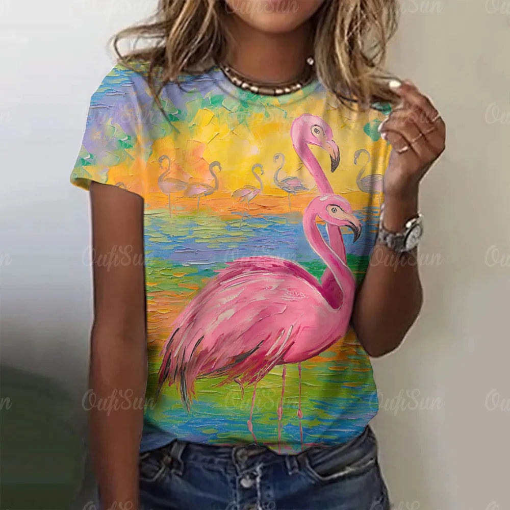 Women T-Shirts 3d Flamingo Print Fashion O-Neck Casual Ladies Casual Female Top Harajuku Girls Short Sleeve Loose Woman Clothing