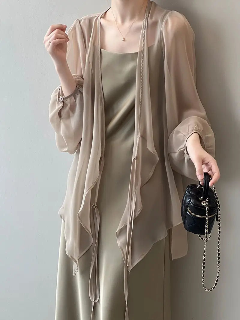 Summer New Solid Color Fashion Long Sleeve Thin Style Coat Women High Street Casual Lacing Button Cardigan Elegant All-match Top