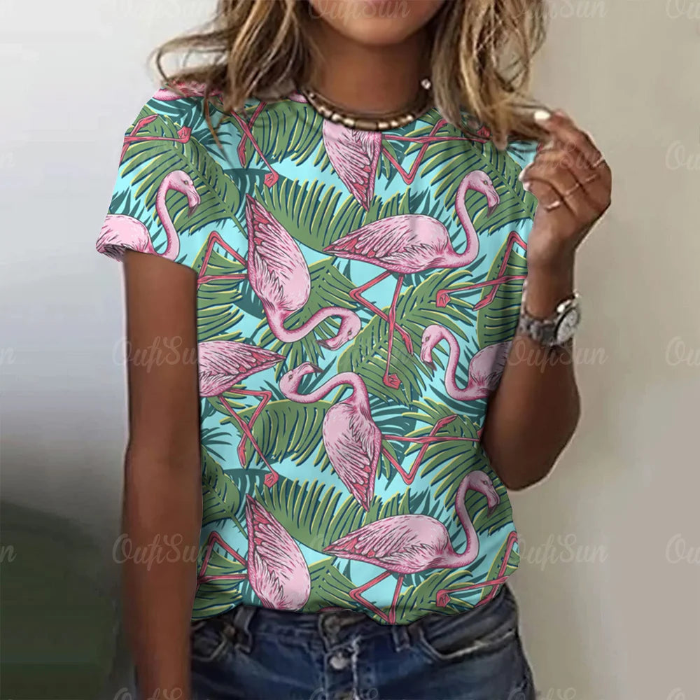 Women T-Shirts 3d Flamingo Print Fashion O-Neck Casual Ladies Casual Female Top Harajuku Girls Short Sleeve Loose Woman Clothing