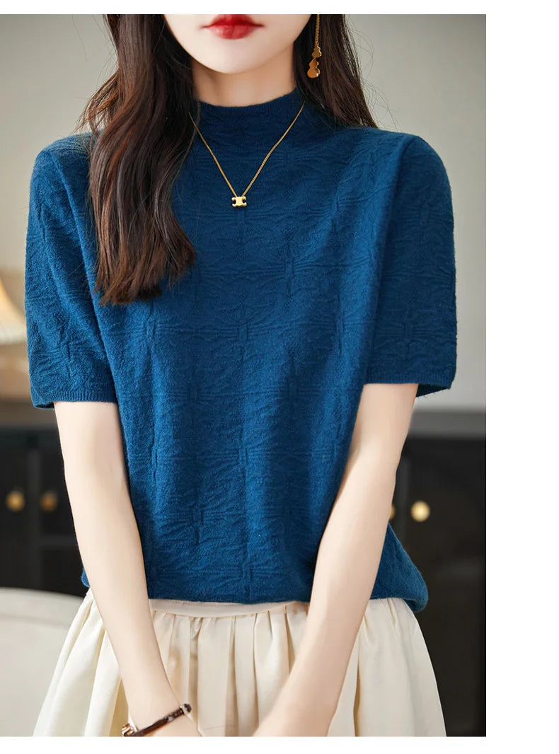 2024 Summer Women's Sweater Short Sleeve Pullover T-shirt Pure Wool Knitwear Half High Neck Loose Versatile Slim Fit Fashion Top